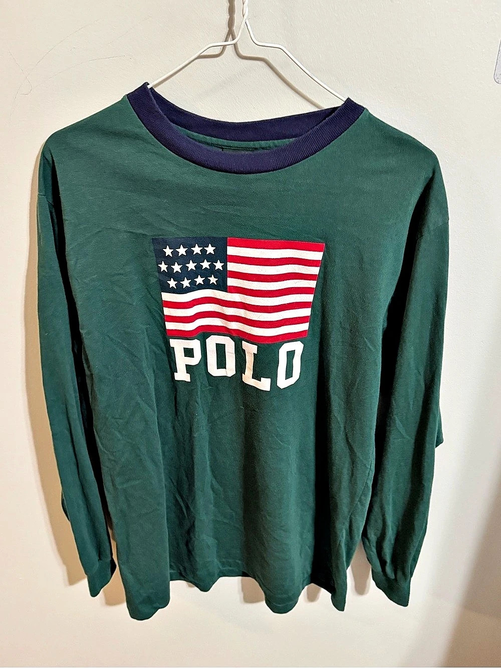 Vintage Polo Ralph Lauren American Flag Graphic Long Sleeve Shirt Green L